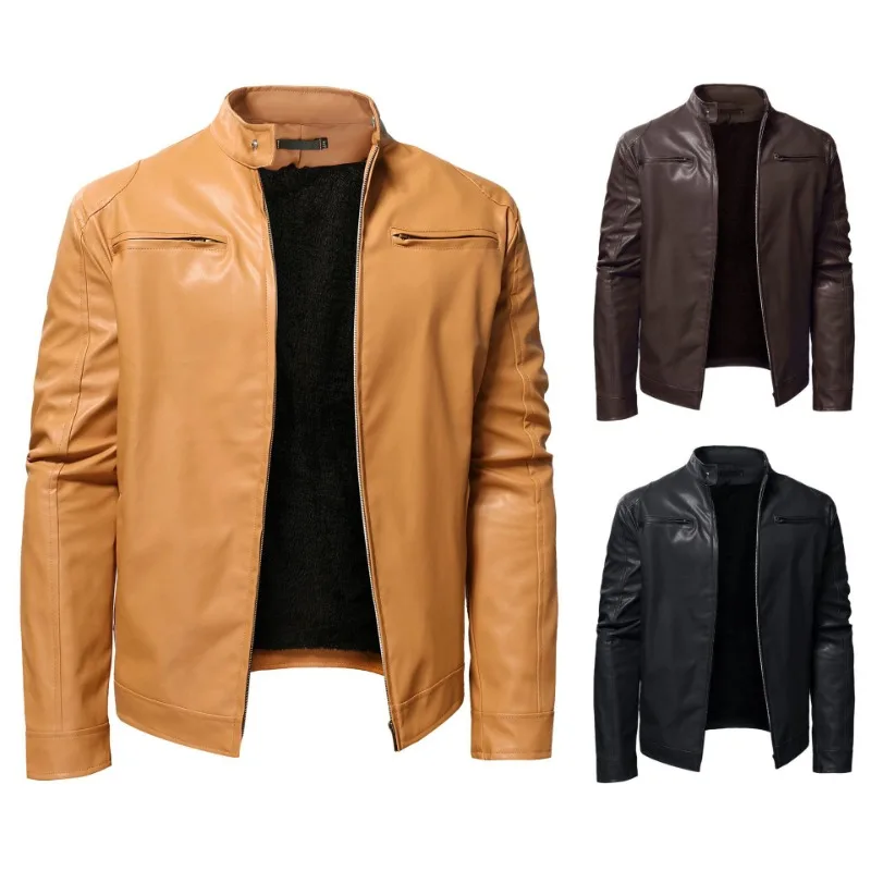 

2023 Autumn New Men's Business Gentleman Plush Thickened Zipper Cardigan Stand up Collar Large Leather Coat