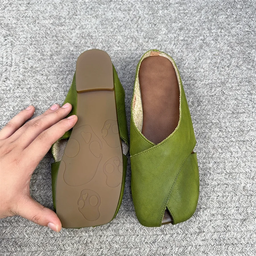 Careaymade-New Genuine Leather Round Head Layer Cowhide Solid Color Casual Shoes Pure handmade soft Summer Women\'s Slippers