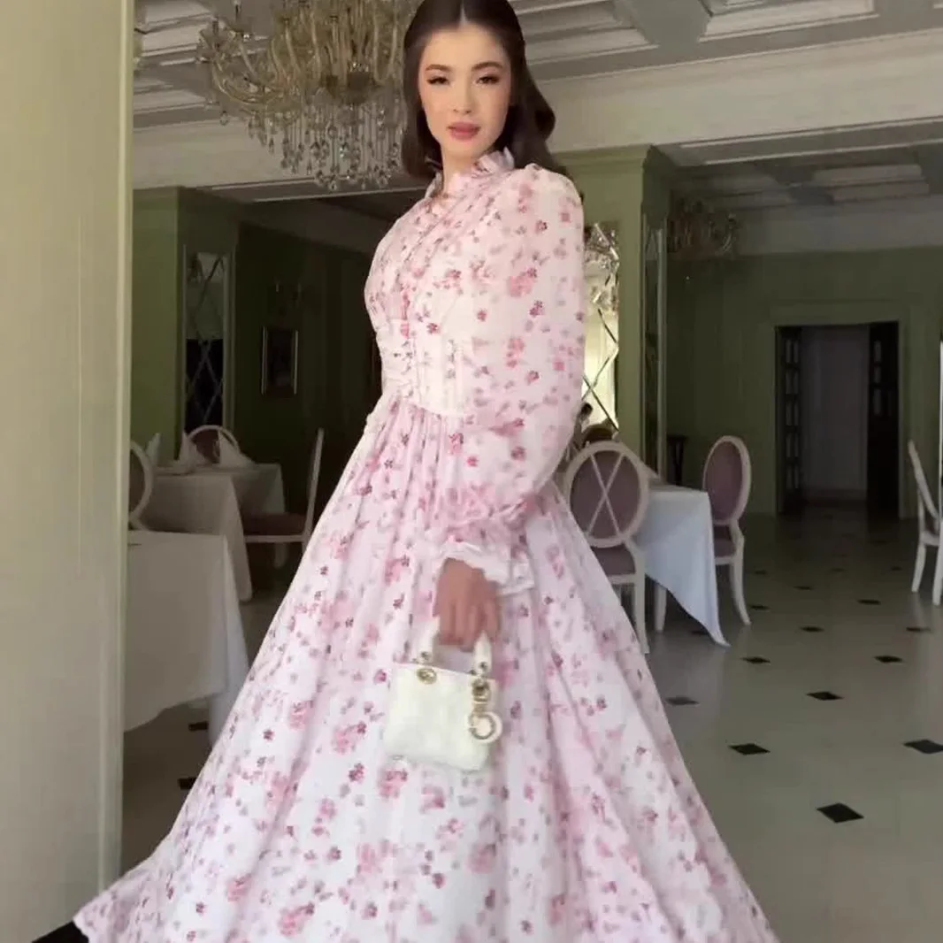 Ele Floral Print Maxi Dr Slim Fit Long Sve mid Waist Cotton Polyester Knitted High Waist Spring New Arrival