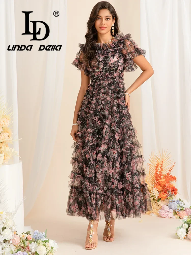 LD LINDA DELLA 2024 Cross-border Women Europe and the United States New French Sen-style Printed Yarn Mesh Princess Long Dress
