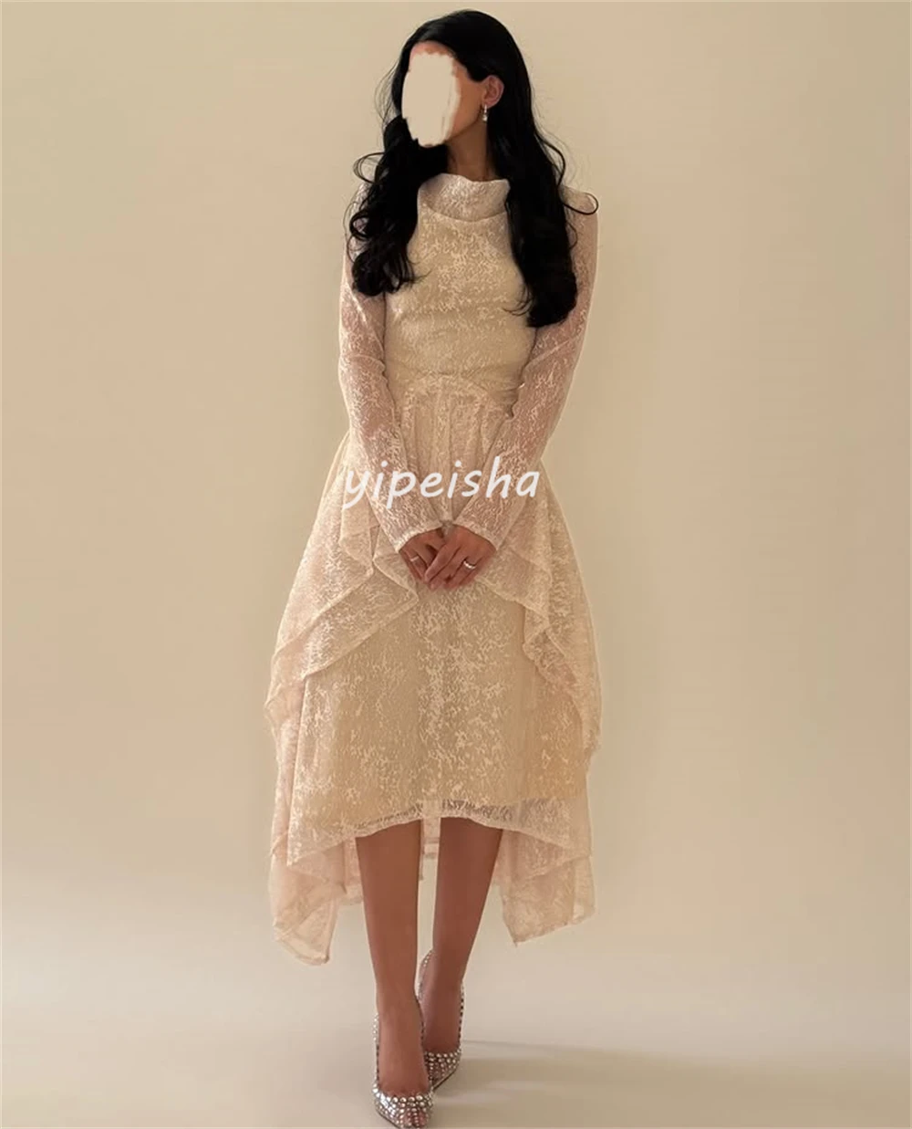 Customized Modern Style Women Ruched Pleat A-line Evening Dresses High Quality Fashion O-Neck Long Sleeves Knee Length Dresses image 4