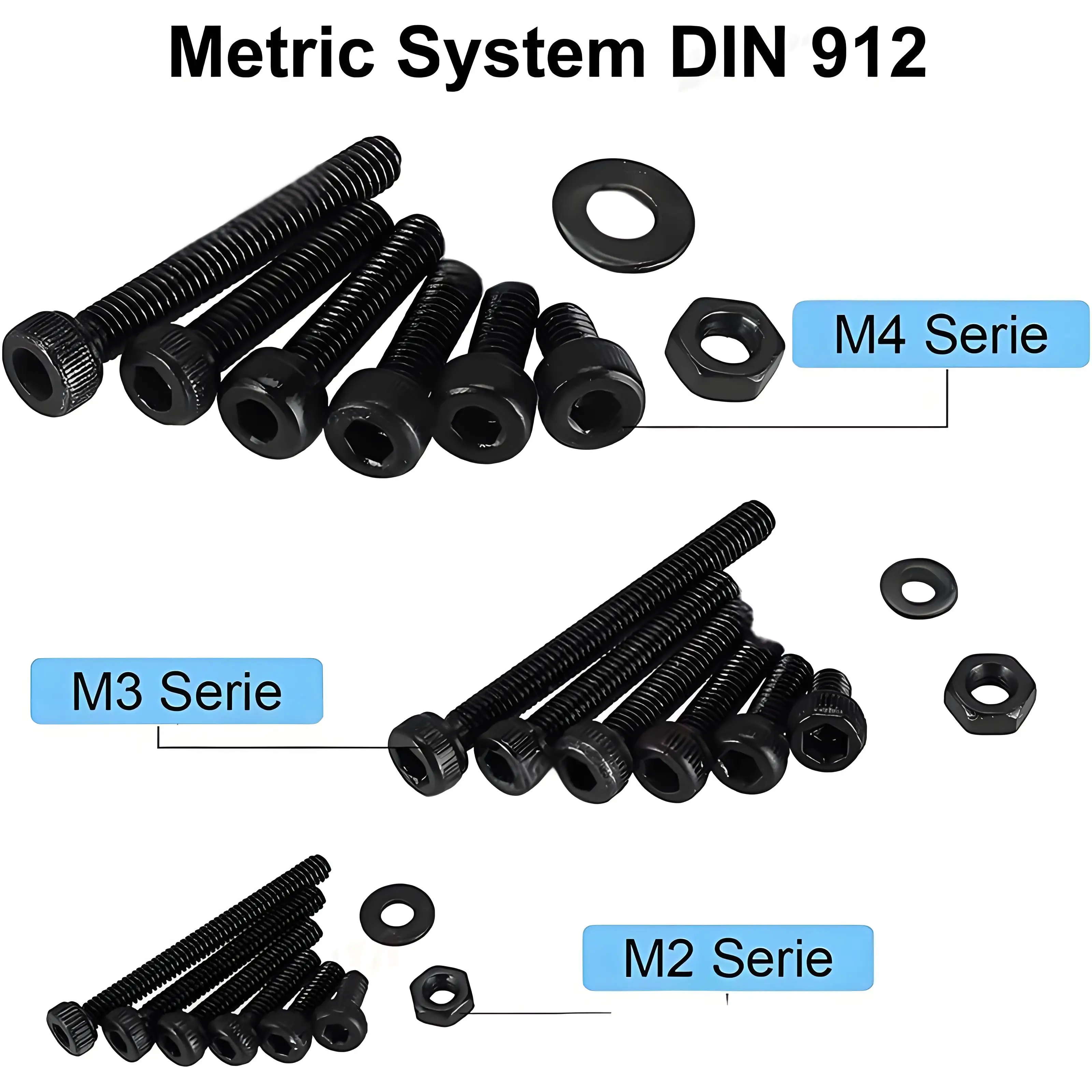 Set Sekrup dan Mur Kepala Hexagon Allen Baja Kelas 12.9 Hitam M2 M2.5 M3 M4 M5 DIN912