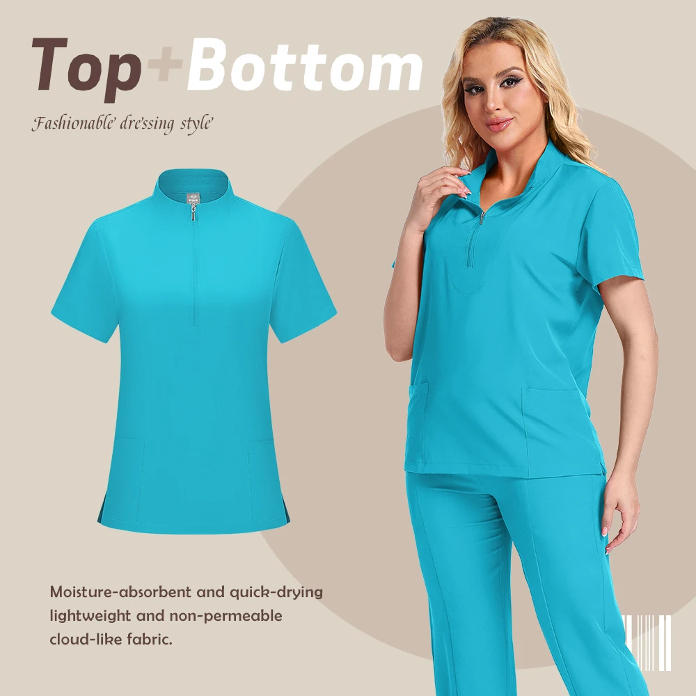 Multi Color Tunic Spa Work Suit Nurses Hospital Uniform Scrub Sets Women Zipper Set Short Sleeve Medical Uniforms High Quality