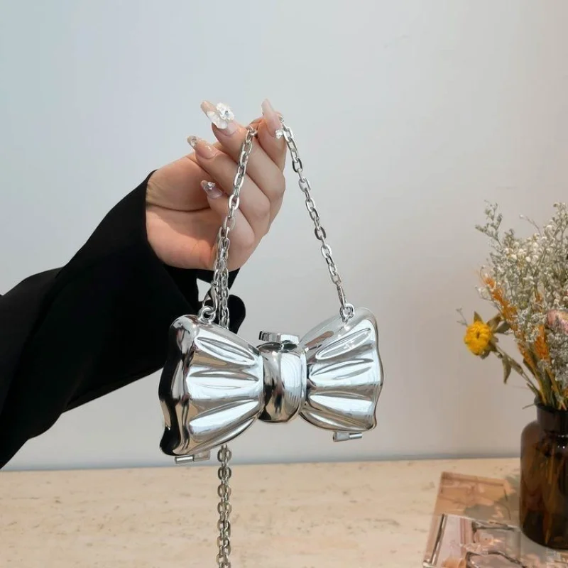 Luxury Bow Acrylic Shiny Clutch Purse, Funny Shape Designer Shoulder Bag, Golden Evening Handbag For Party Wedding Banquet