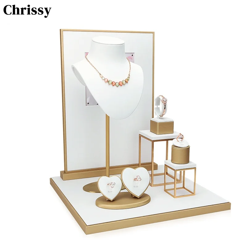 Jewelry display props window bracelet earrings ring necklace rack Gold and white jewelry display stand tray