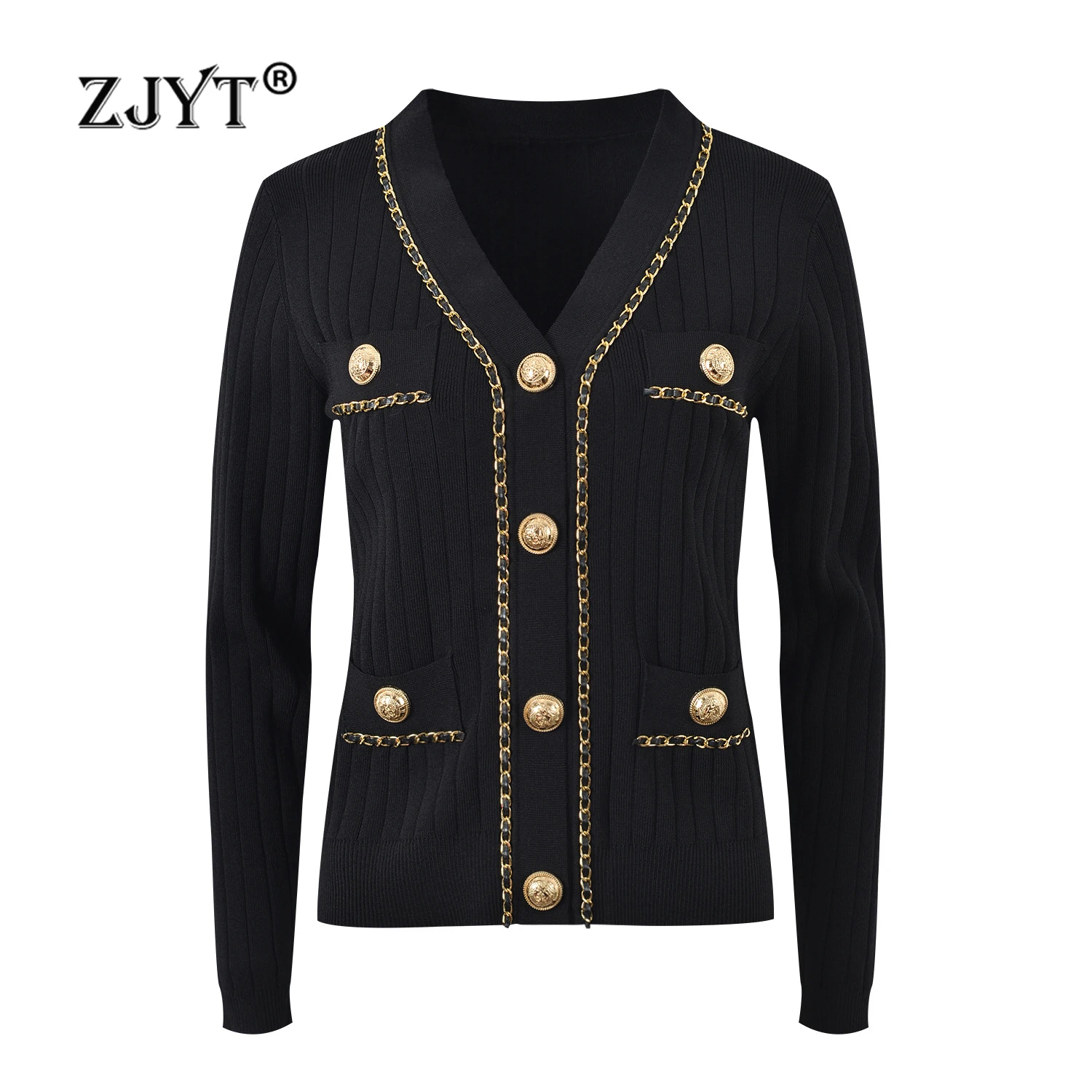 

ZJYT Women's Autumn Winter Cardigan Sweaters Long Sleeve Knitting Tops Chain Patchwork V Neck Knitwears Jersey Mujer 2024 New