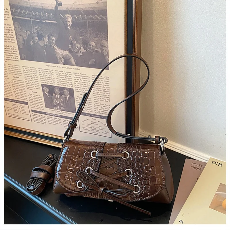 

Lace-Up Detail Flap Shoulder Bag, 2026 New Model, Trendy & Versatile, PU Material, Detachable Strap Included