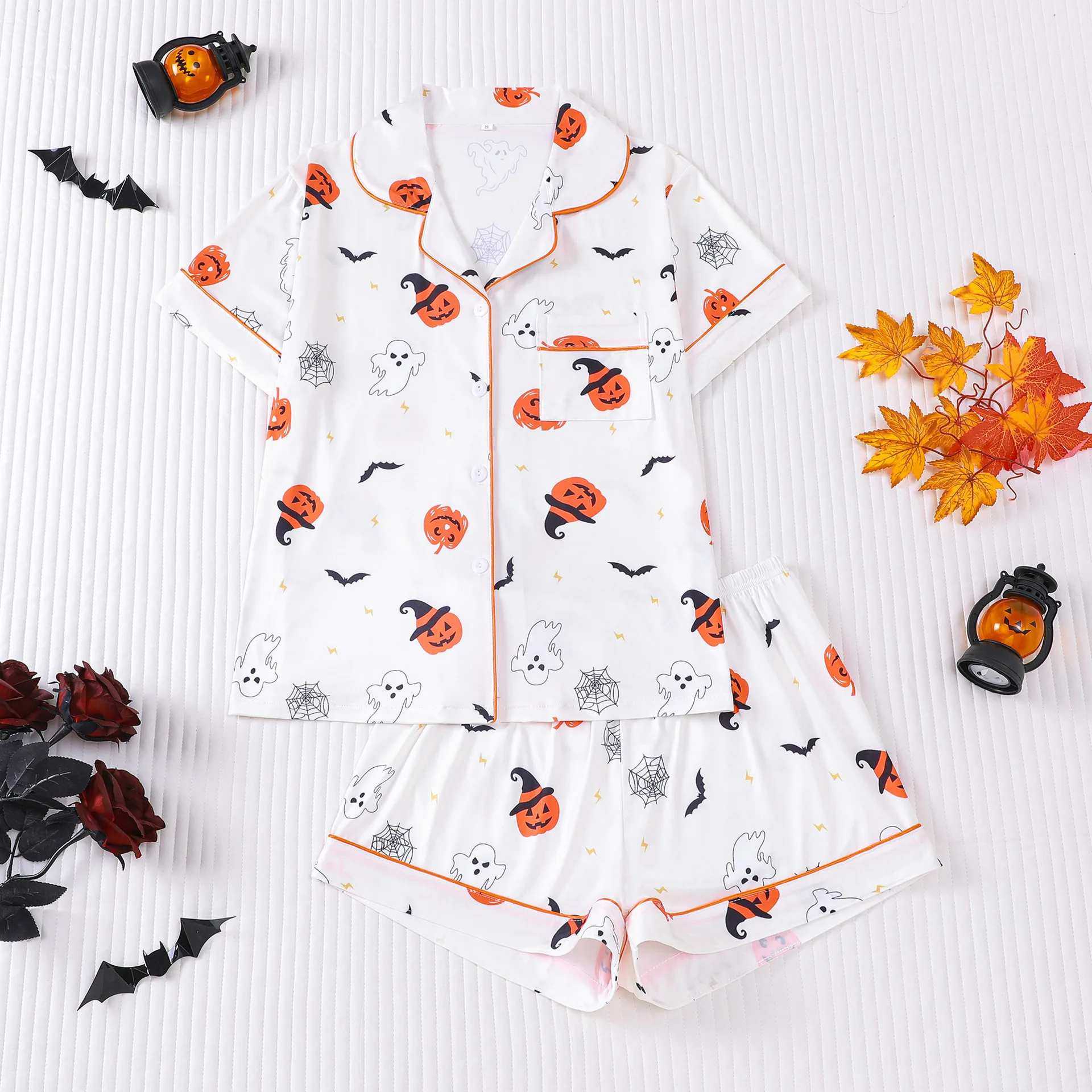 

Pajamas for Women New Halloween Women Sleepwear Printed Collar Short Sleeved Home Suit Set