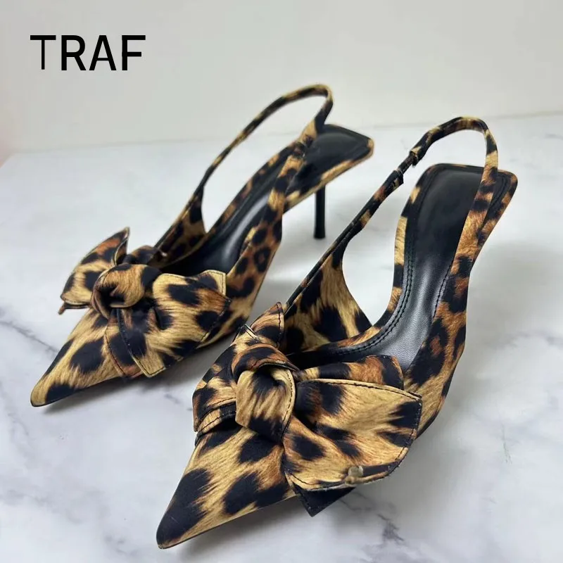 

TRAF Leopard Print Bow Women Pumps 2024 Summer Sexy Pointed High Heels Women Slingback Sandals Retro Party Heeled Lady Shoes