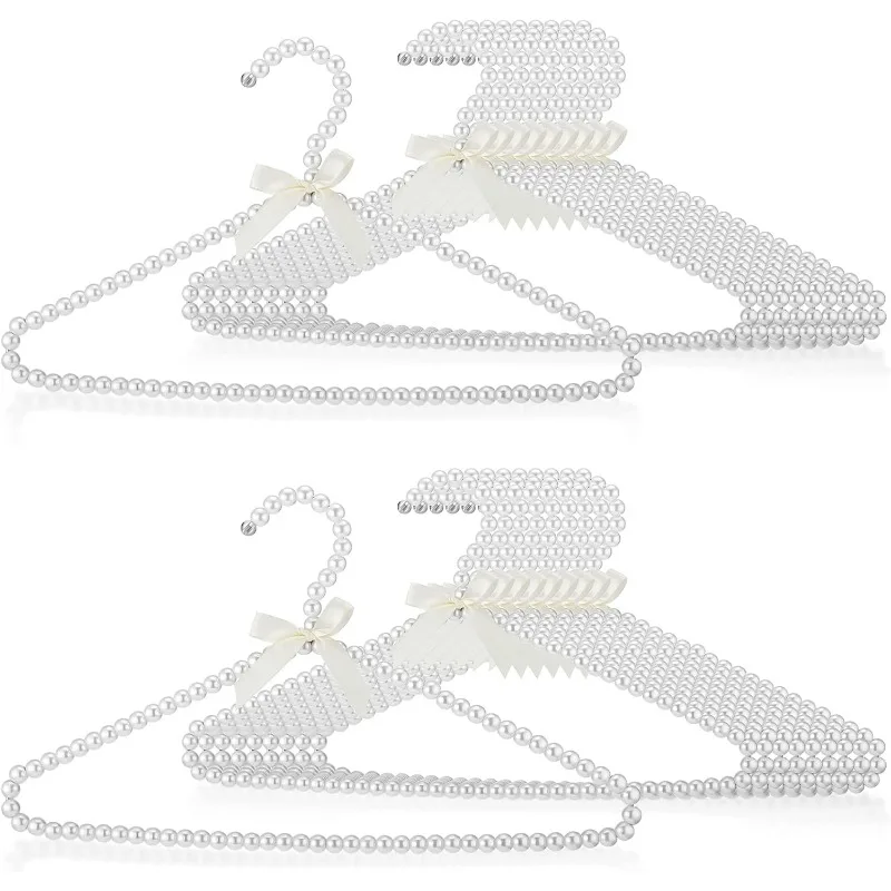 

2PCS Pearl Clothes Beaded Clothing Hanger with Ribbon Bowknot Clothes Standard Hangers for Women Bride Wedding Dress Coat Shirt