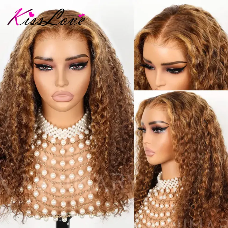 Water Wave 4/27 Highlight Invisi Strap 360 Full Lace Glueless Wig HD Skin Lace Frontal Wig Glueless Human Hair Deep Curly Wigs