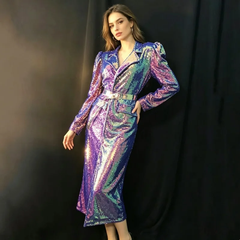Women's Purple Sequins Long Dress Drag Queen Costume Belt Shining Stage Performance Cloak Nightclub Singer Performan Clothes