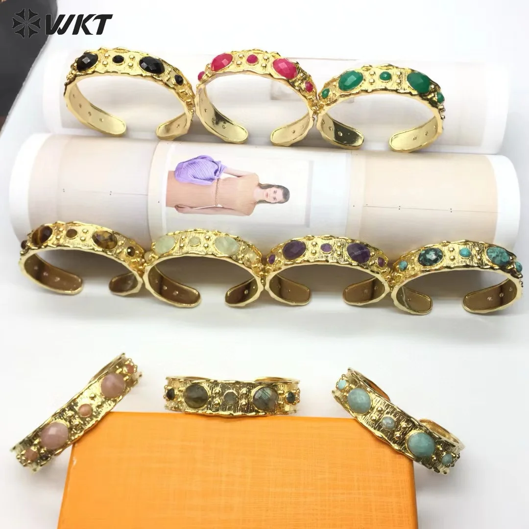 WT-B663 New Colorful And Classic Design Natural Gemstone With 18k Gold Plated Cuff Bangle Jewelry Decorated For Friends Gift