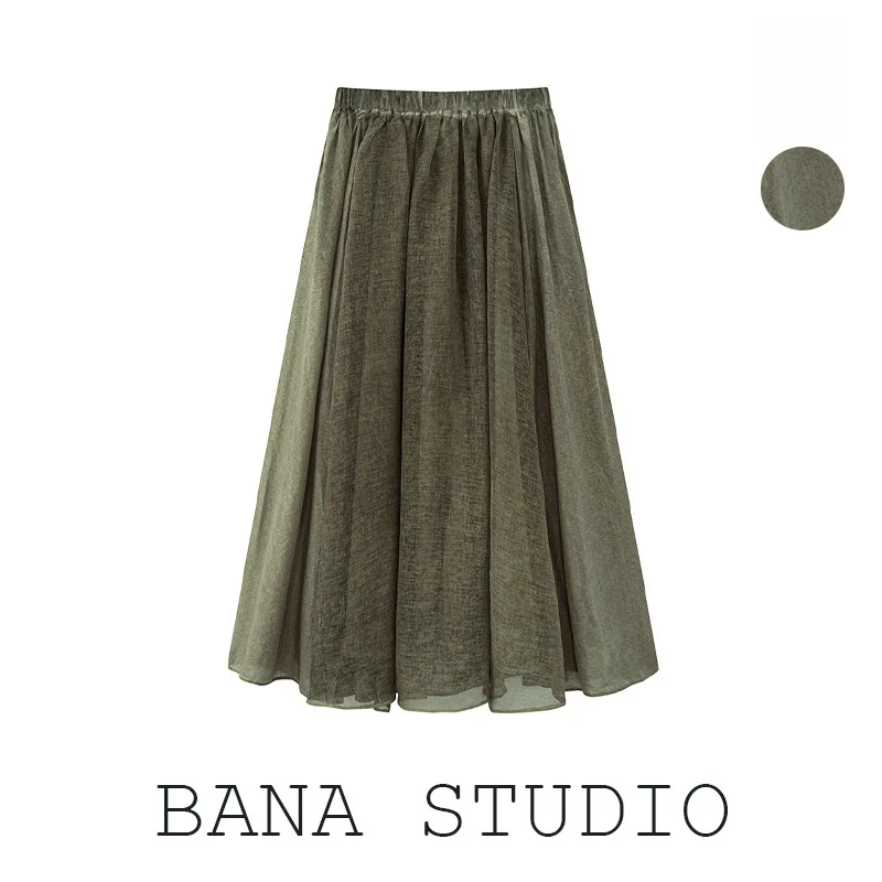 BANA Retro Spliced ​​adient 롱 f 스커트 여성 여름 얇은 우산 스커트 하이 웨이스트 A 라인 스커트 Ci Commute Sle
