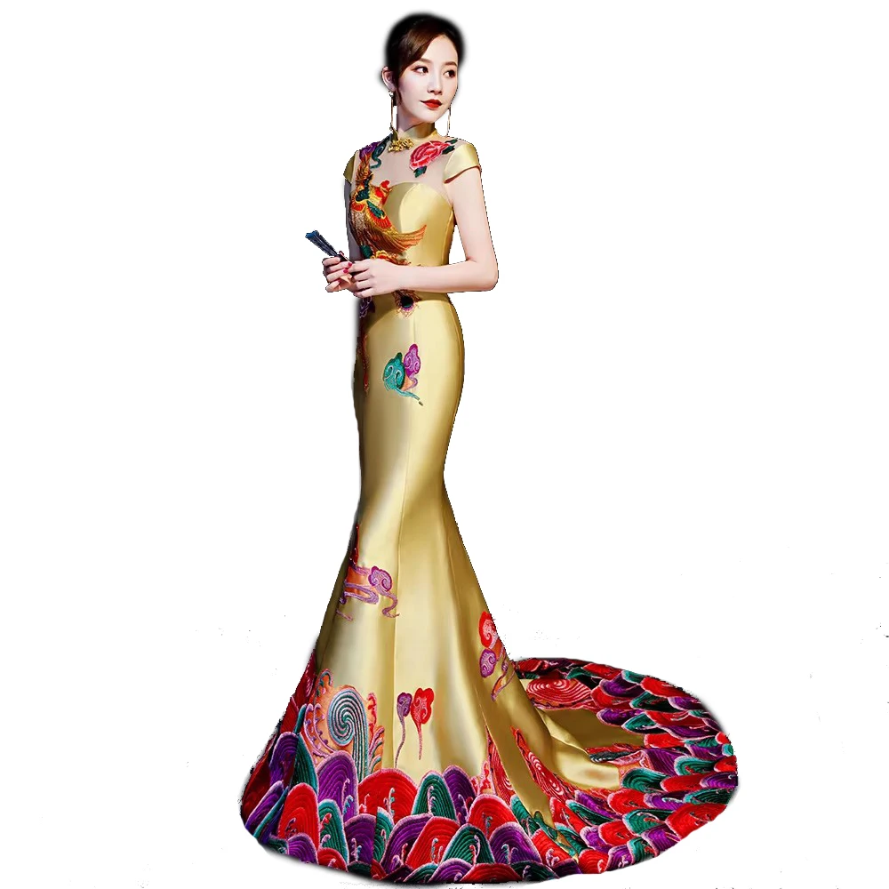 Modern Qipao Wedding Cheongsam Embroidered Chinese Traditional Dress  Long Evening Gown Party Sexy Backless vestido