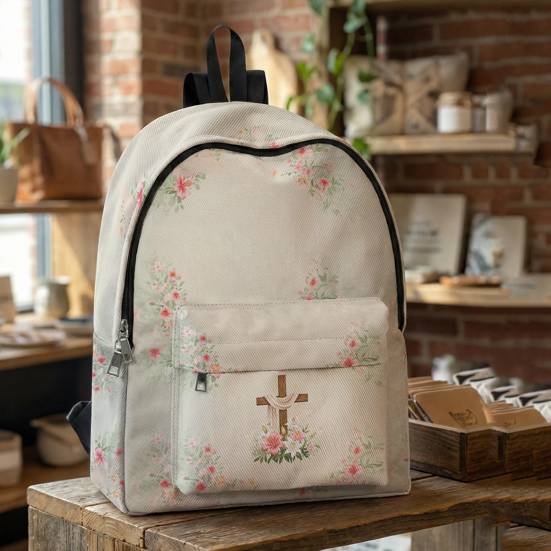 Heartwarming Easter Gift! A 2D Printed Floral Cross Pattern Backpack with a Large Front Pocket Perfect for Students