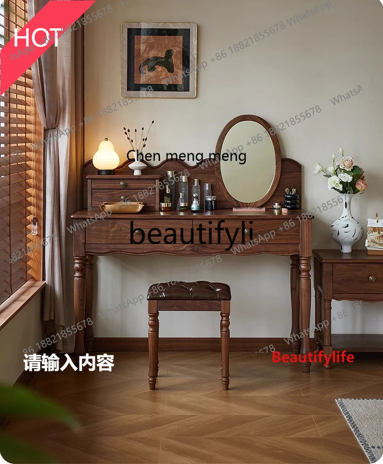 

A32 Vintage Black Walnut Dressing Table Bedroom Small Apartment Solid Wood Makeup Table Simple Dressing Table Home Furniture