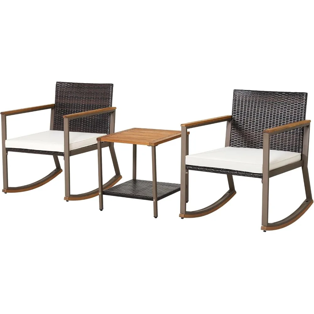 

3 Piece Rocking Bistro Set, Outdoor PE Wicker Rocking Chair with Coffee Table, Soft Seat Cushions Included, Gentle &