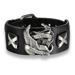 Genuine Leather Ride to live Biker Eagle Bracelets Men Gothic Rock Wide Cuff Wristband Female Motorcycle Jewelry Punk Male Gifts