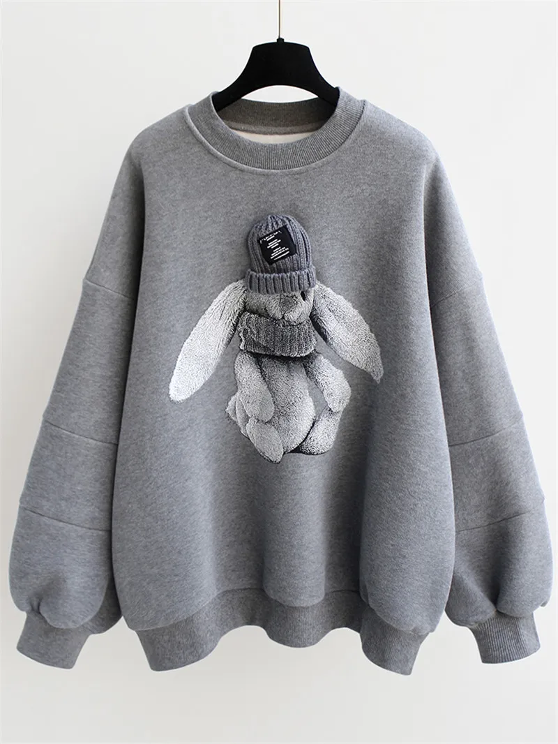 

Spring Autumn Women's Loose Rabbit Hoodie Thin New Korean Version Medium Length Faionable INS Trendy Outerwear Casual Sle