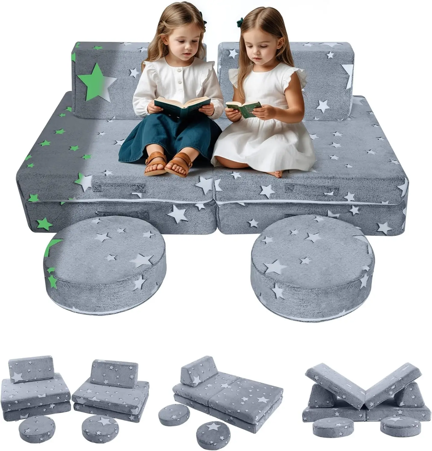 Glow Star Sofa for Kids, 8-Piece Convertible Foam Couch Play Set for Toddlers, Playroom, and Children