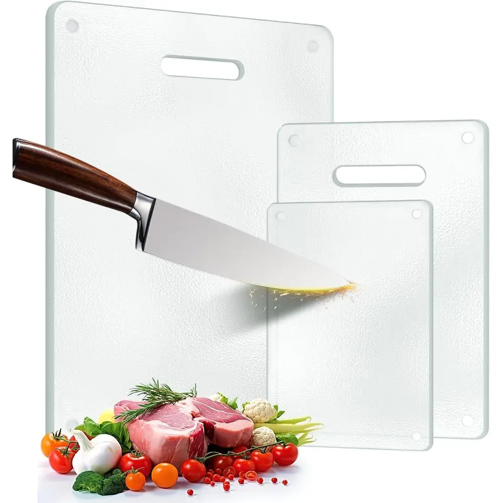 

3 Pack Glass Cutting Boards - Clear Tempered Glass Set with Handle (16x12, 12x8, 9x6), Scratch Resistant, Dishwasher Safe, Non-t