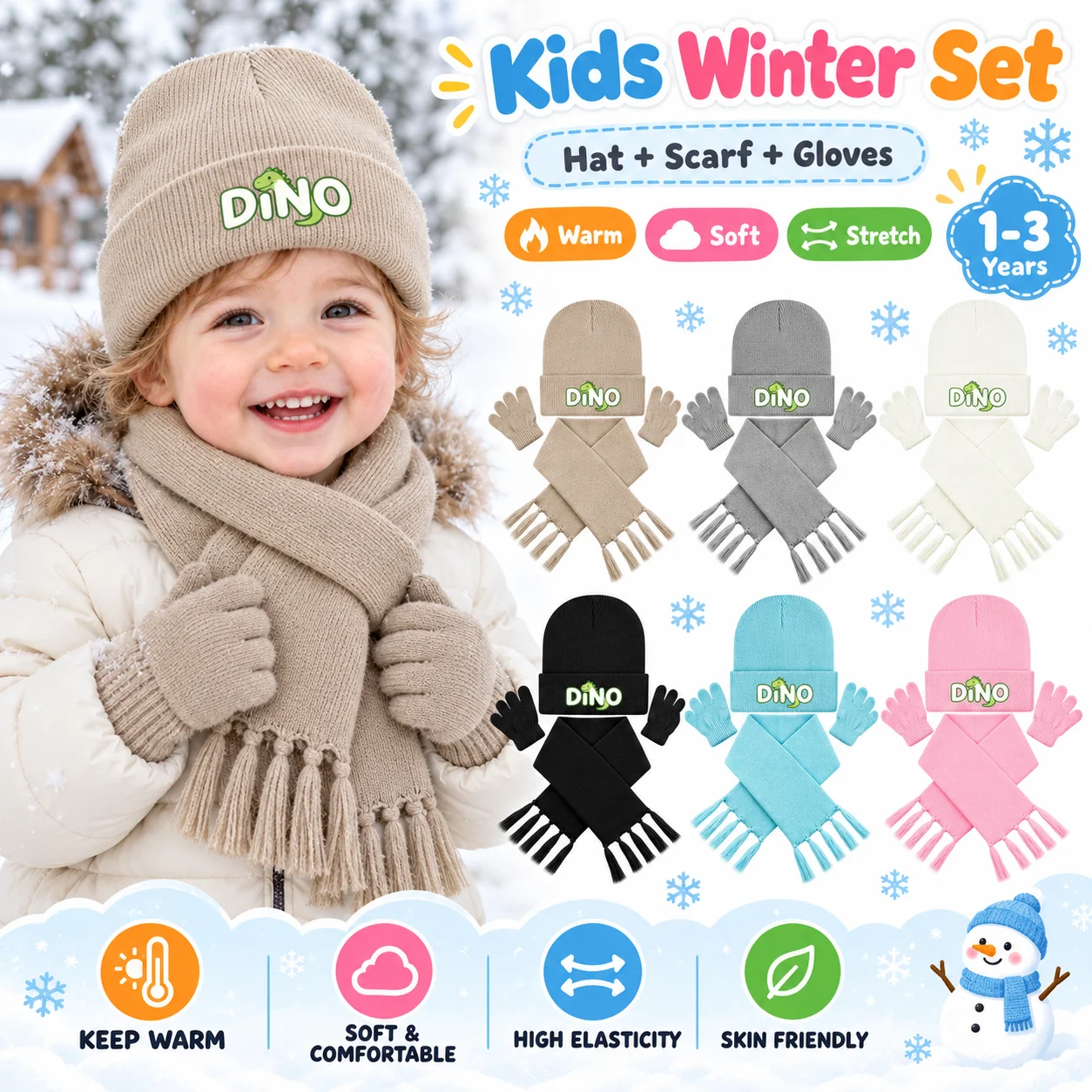 Outdoor Adventure For Toddlers - ชุดหมวก ผ้าพันคอ และถุงมือสำหรับเด็ก 3 ชิ้น ลายพิมพ์ตัวอักษร