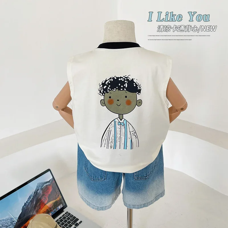 2024 Summer New Children's Clothing Children's All-Match Cartoon Sleeveless T-shirt Trendy Boys' Color Effect Collar Vest