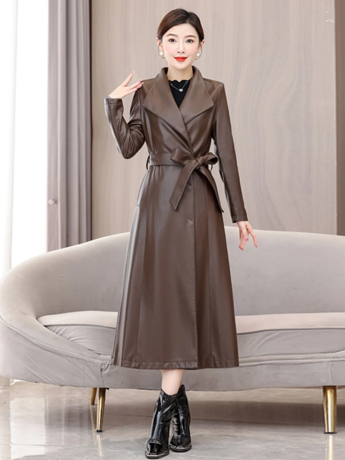 レディースミドル丈シープスキンレザージャケット2025秋新作オーバーニーベルト付きスリムフィットコートエレアウターウェア