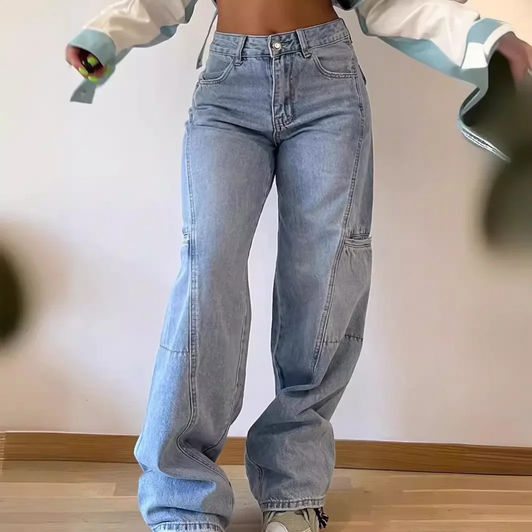 

Spliced Wide Leg Denim Pants High Waist Jeans Women Ankle Length Jean Washed Loose Fit Pockets Zipper Fly Basics Solid 2024