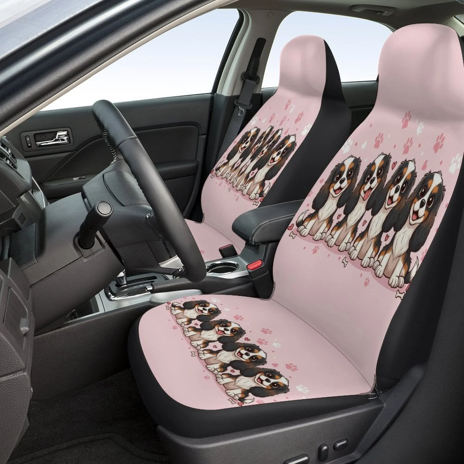 Puppy Friends Themed Car Seat Cover Set - Cute Puppy & Dog Design, Fit For Most Cars, All-Season Protection, Machine Washable, D