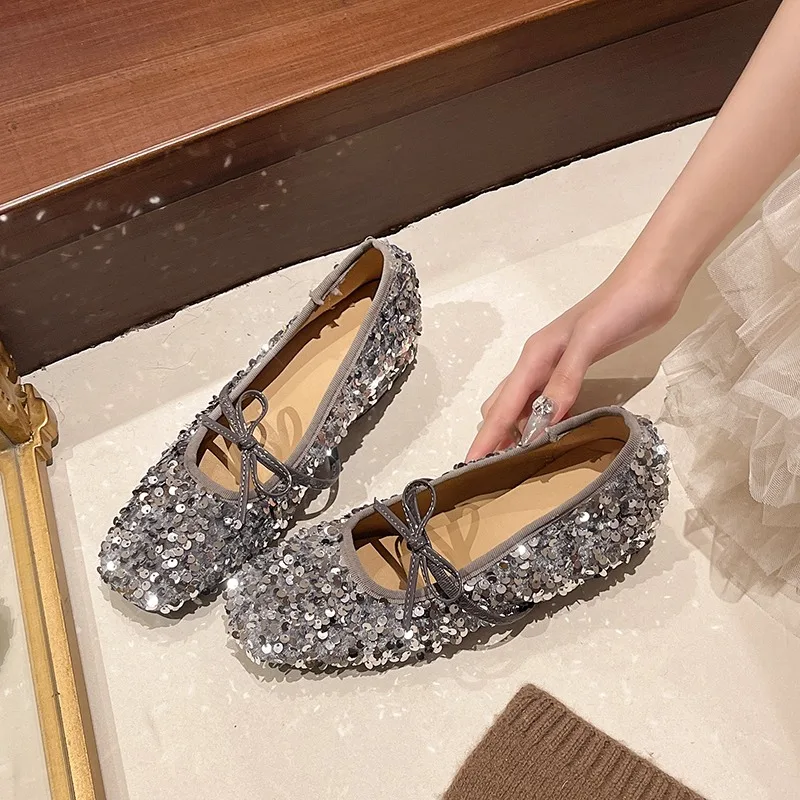 

Bling Sequins Design Ballet Women's Height-increasing Shoes Sweet Bow Elegant Comfort Shallow Women Casual Shoe Zapatos Mujer