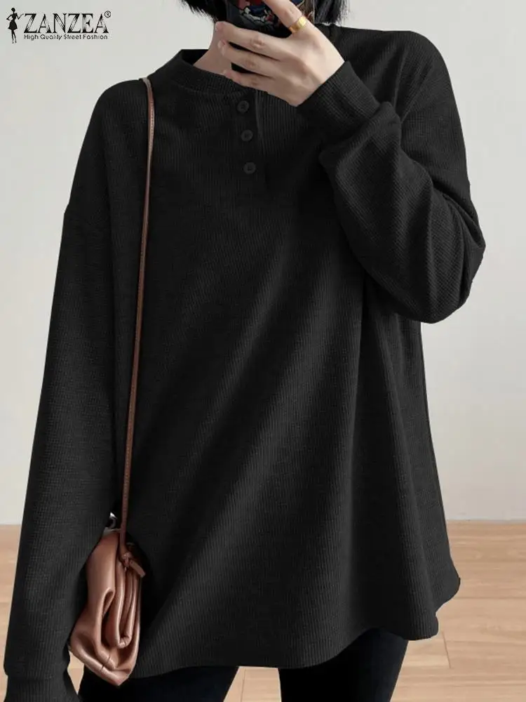 

ZANZEA Women Korean Sweatshirt 2024 Spring Drop Shoulder Pullover Top Long Sleeve Textured Fabric Casual Loose Hooded Sweatshirt