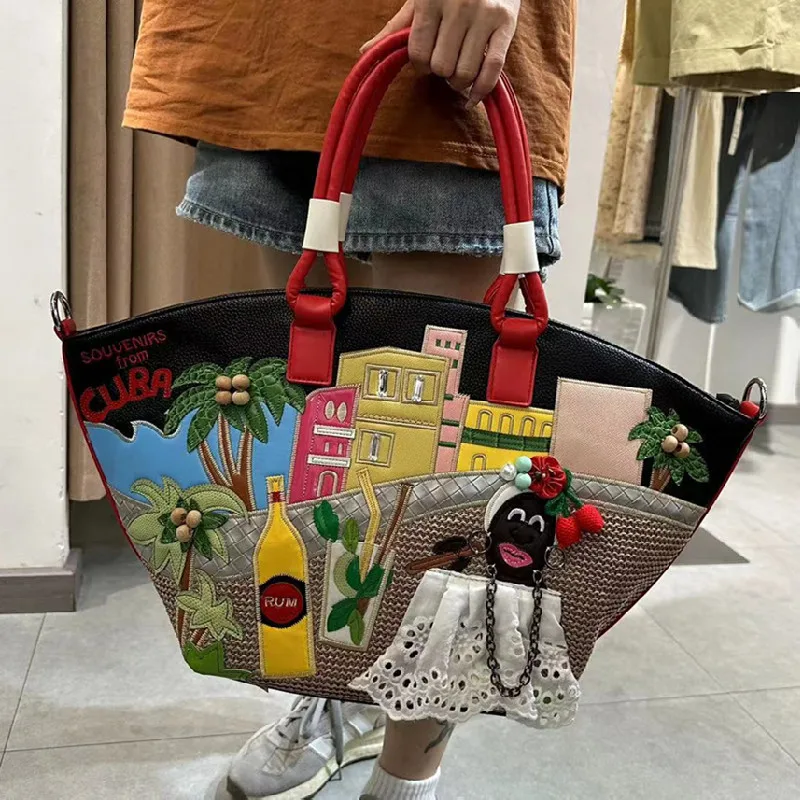 Graffiti handbag large capacity shoulder luxury bag niche splicing embroidered vegetable basket bag vacation travel shopping bag