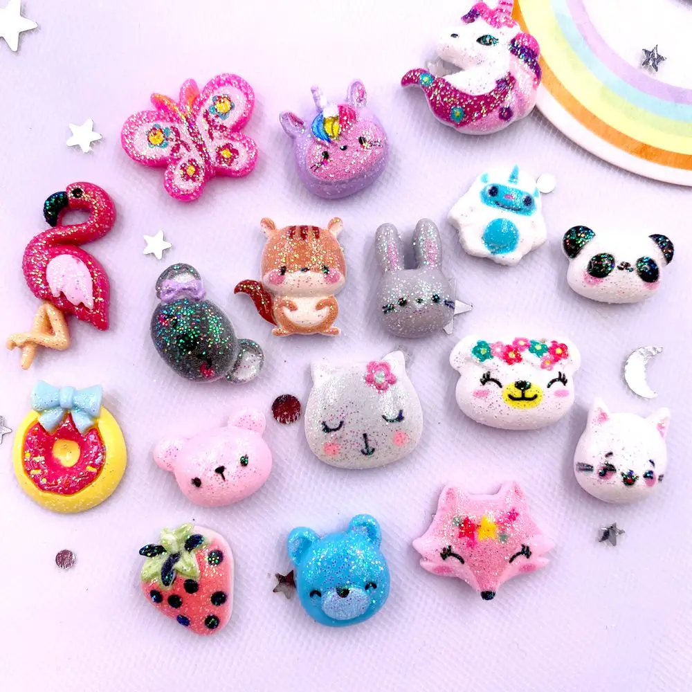 20pcs Resin Mini Colorful Glitter Flamingo Fox Bear Cat Unicorn Rabbit Squirrel Flatback cartoon Figurines Scrapbook DIY Crafts