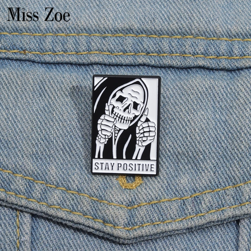 Halloween Scary Skull Enamel Pins Custom STAY POSITIVE Brooches Lapel Badges Punk Gothic Jewelry Gift for Friends