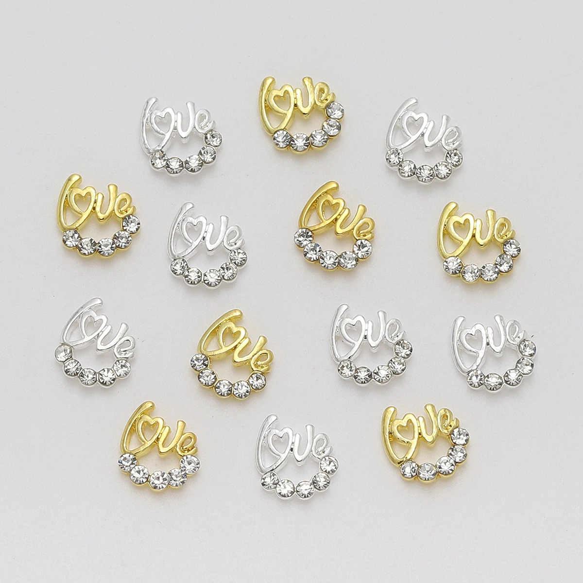 100pcs Nail Charms Gold and Silver Metal Shiny Rhinestones DIY fashion nail jewelry Love meaning for ladies girls decorative 6