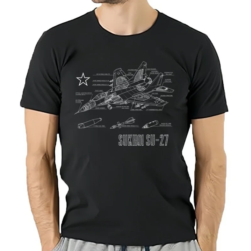 Camiseta con estampado de avión a reacción Sukhoi SU-27 de la Guerra Fría rusa, camiseta informal de manga corta 100%