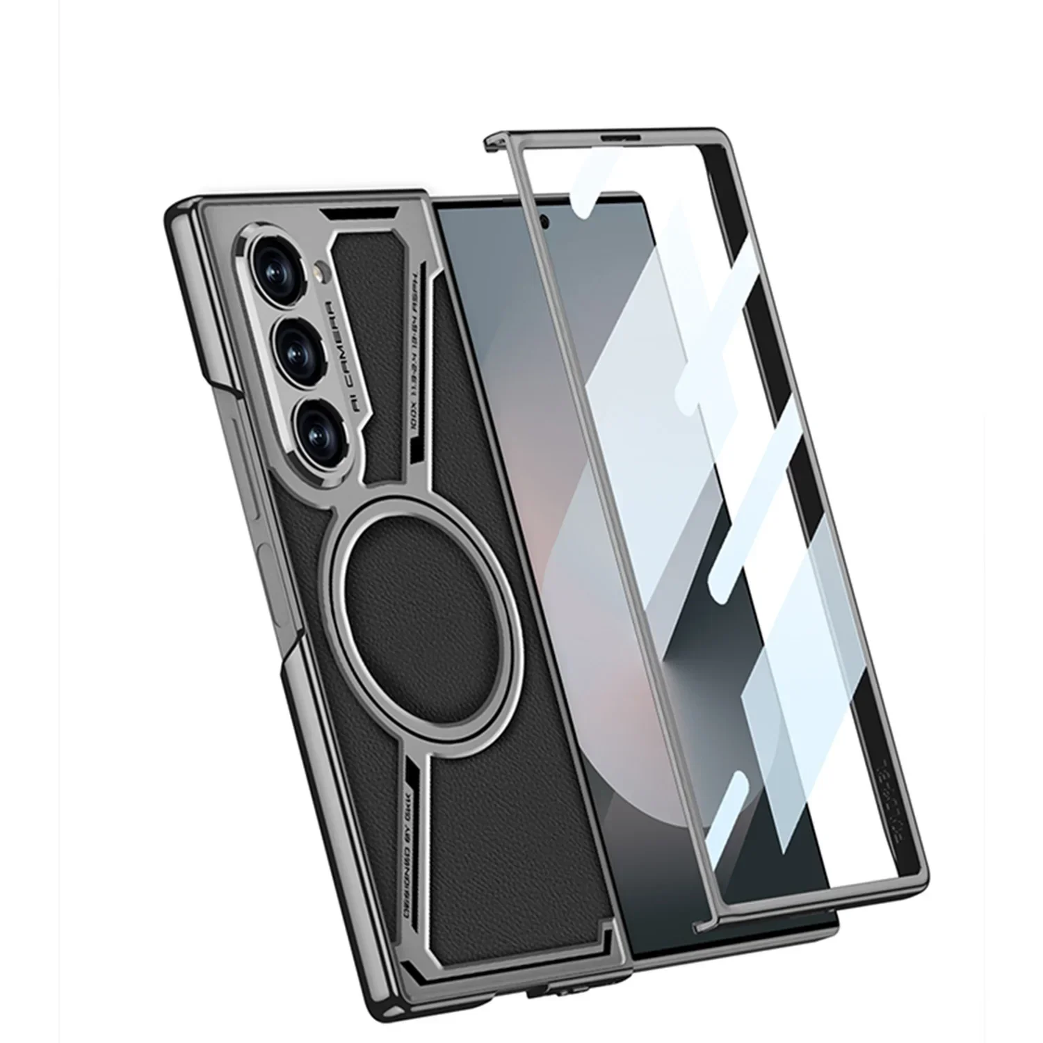 

For Samsung Galaxy Z Fold 6 5+ Case Plating PU Leather Shaped Magnetic Fine Hole All-Inclusive Protective Case For Fold5 Fold6