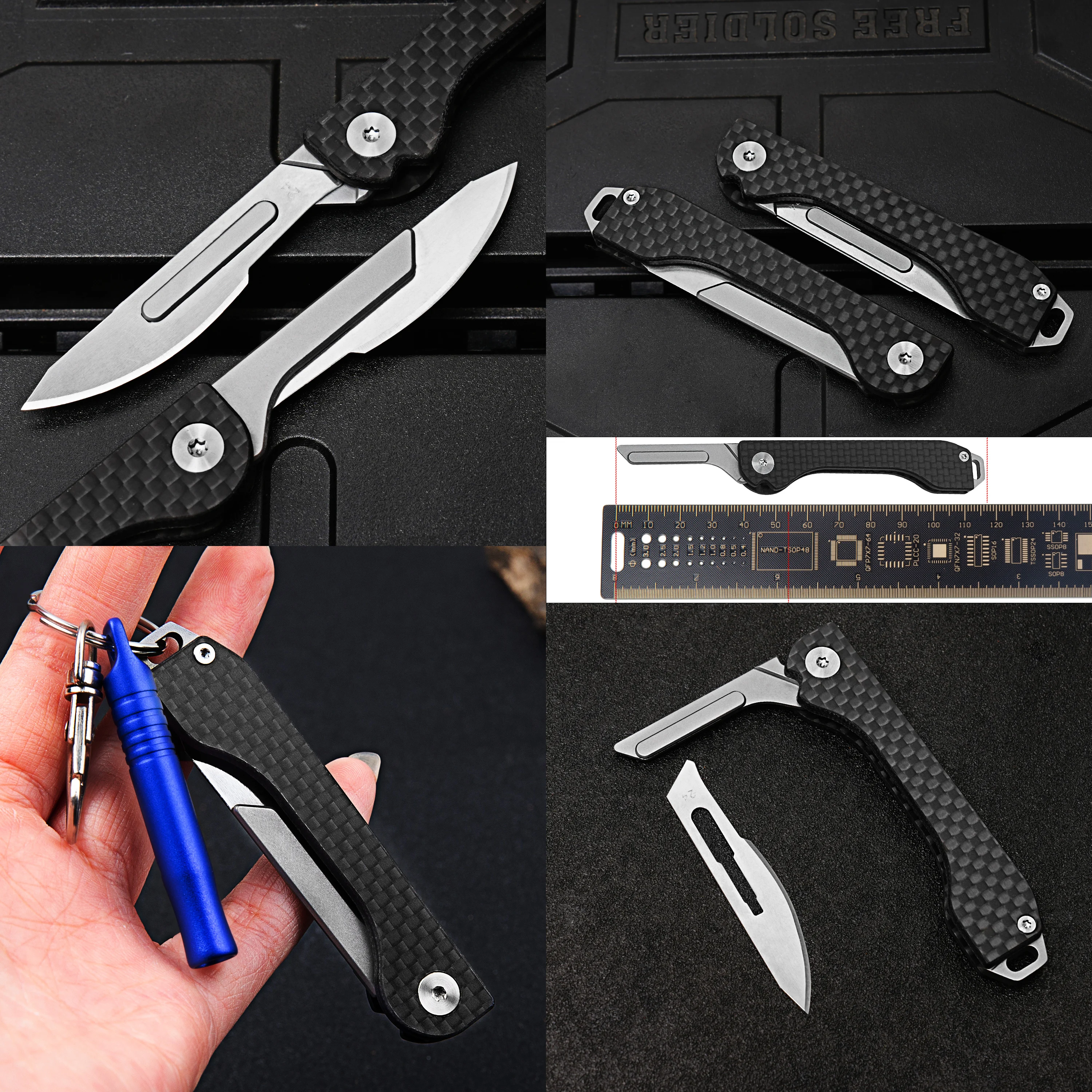 탄소 섬유 접이식 나이프, G10 티타늄 합금 손잡이 메스, 휴대용 키 펜던트, 다기능 사냥, 야외 EDC T
