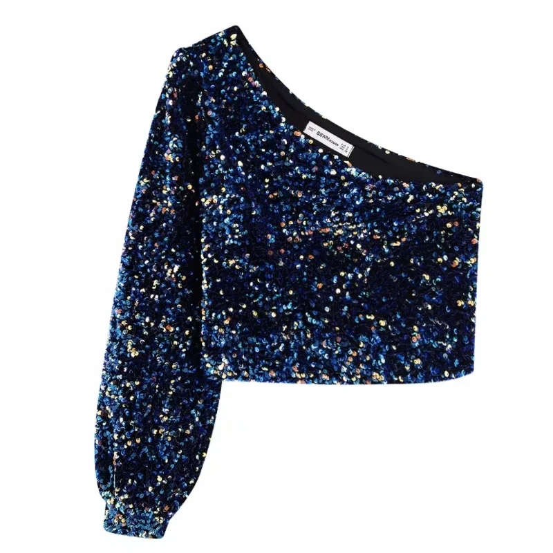 

New Women Blouse Sequins Decoration Asymmetry Single shoulder Shirts Female Nine Quarter Sleeve Roupas Leisure Blouse Chic tops