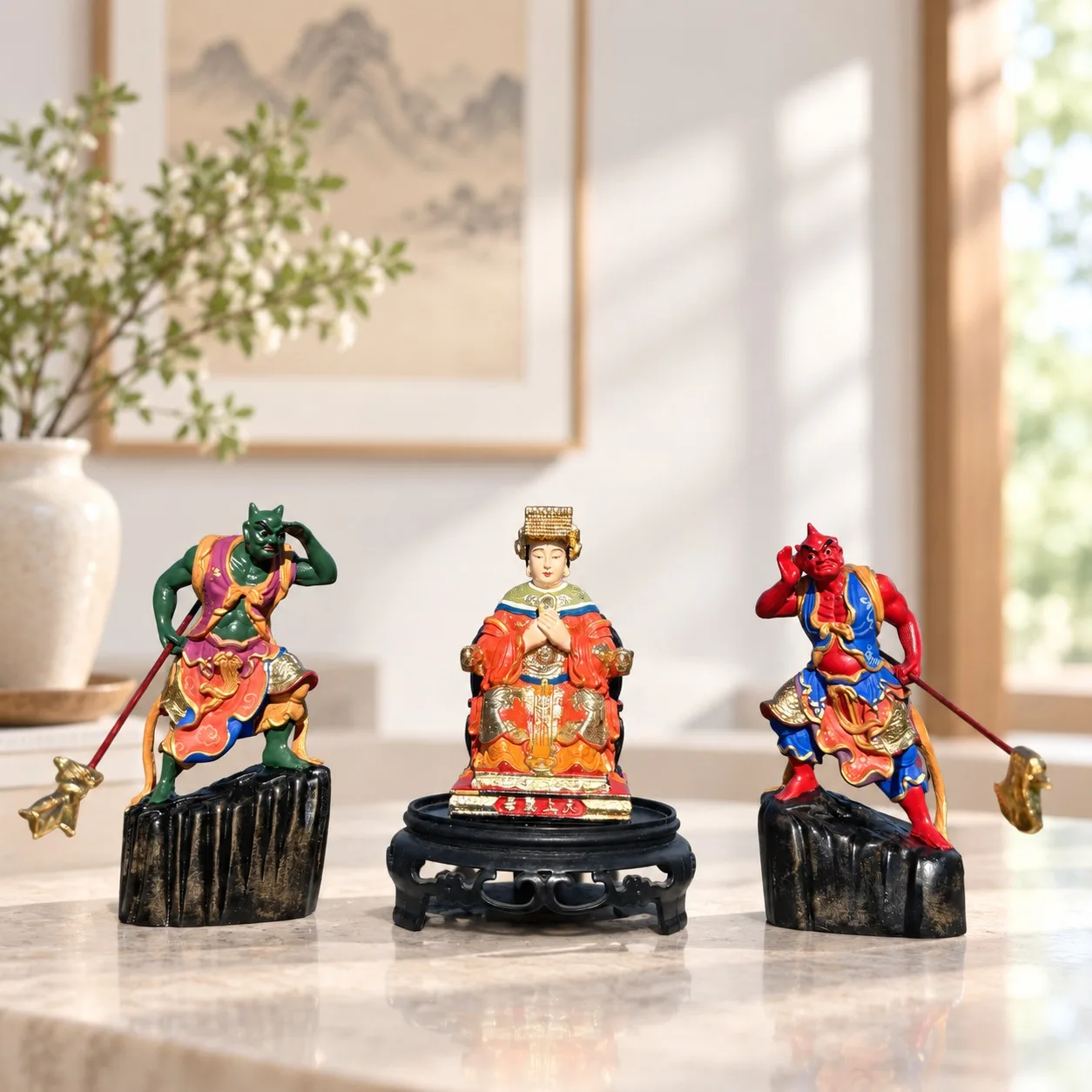 Hand-Carved Thuja Wood Mazu Figurine with Thousand-Mile Eye and Wind-Follower Gods for Traditional Feng Shui Zen Home Decor