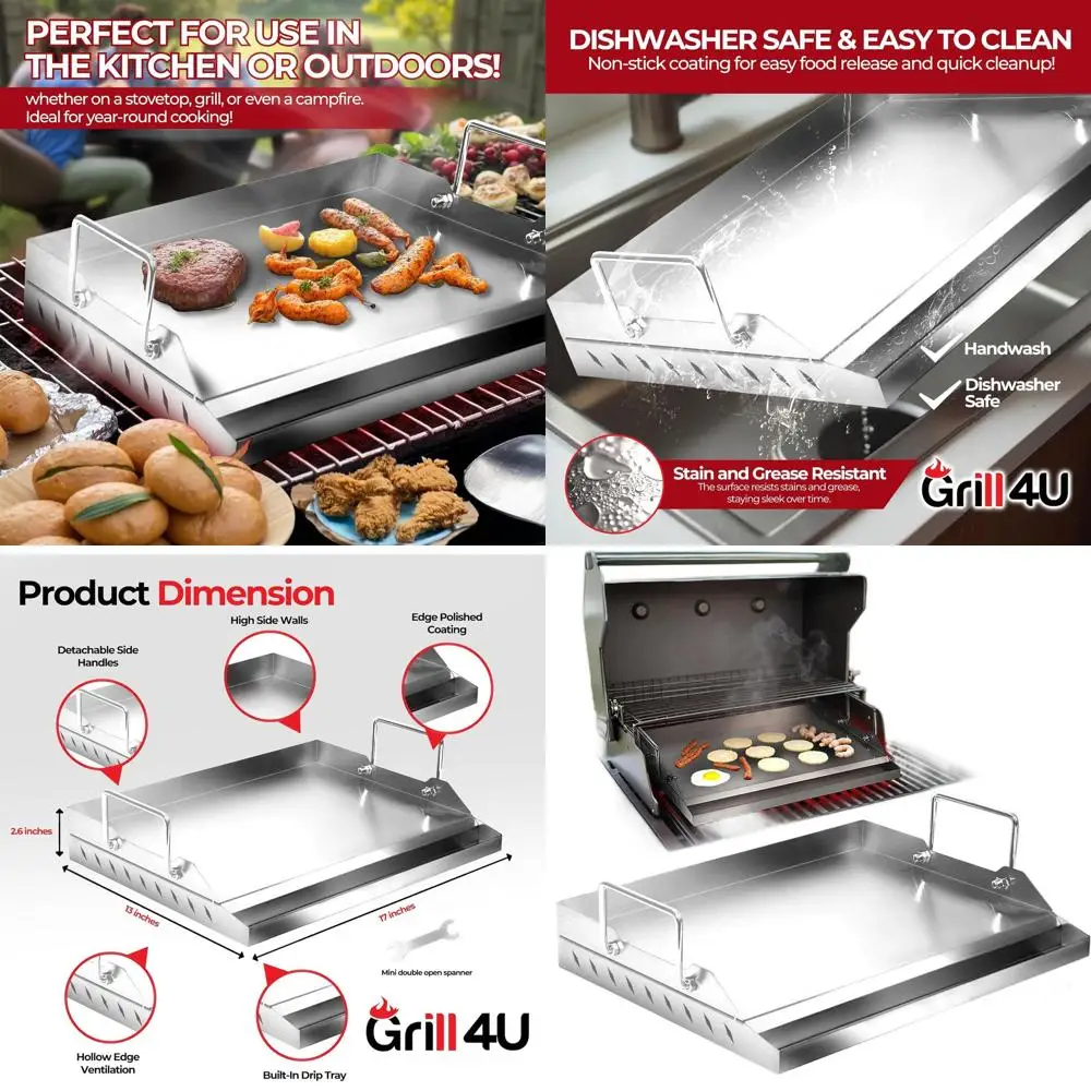

17 Stainless Steel Universal Gas Grill Griddle Pan with Nonstick Surface and Removable Handles for Outdoor Cooking