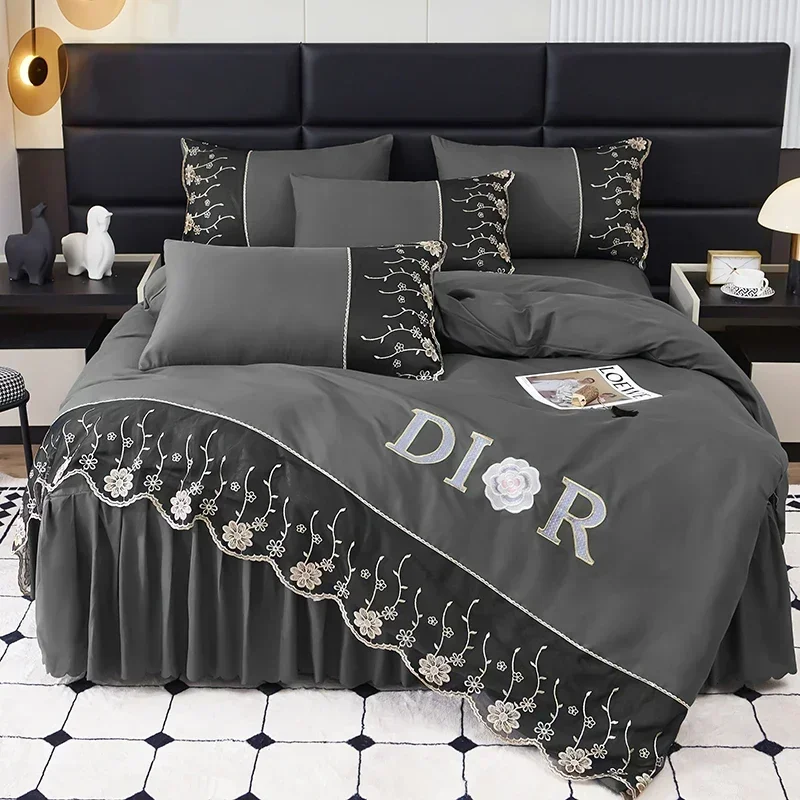 

Light luxury European-style brushed embroidered lace bedspread four-piece set solid color bed skirt four-piece set