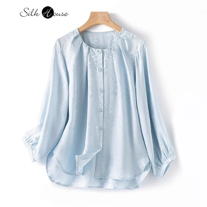 2024 Women\'s Summer New 100% Natural Mulberry Silk Butterfly Love Flower Long Sleeved Round Neck Ice Blue Shirt