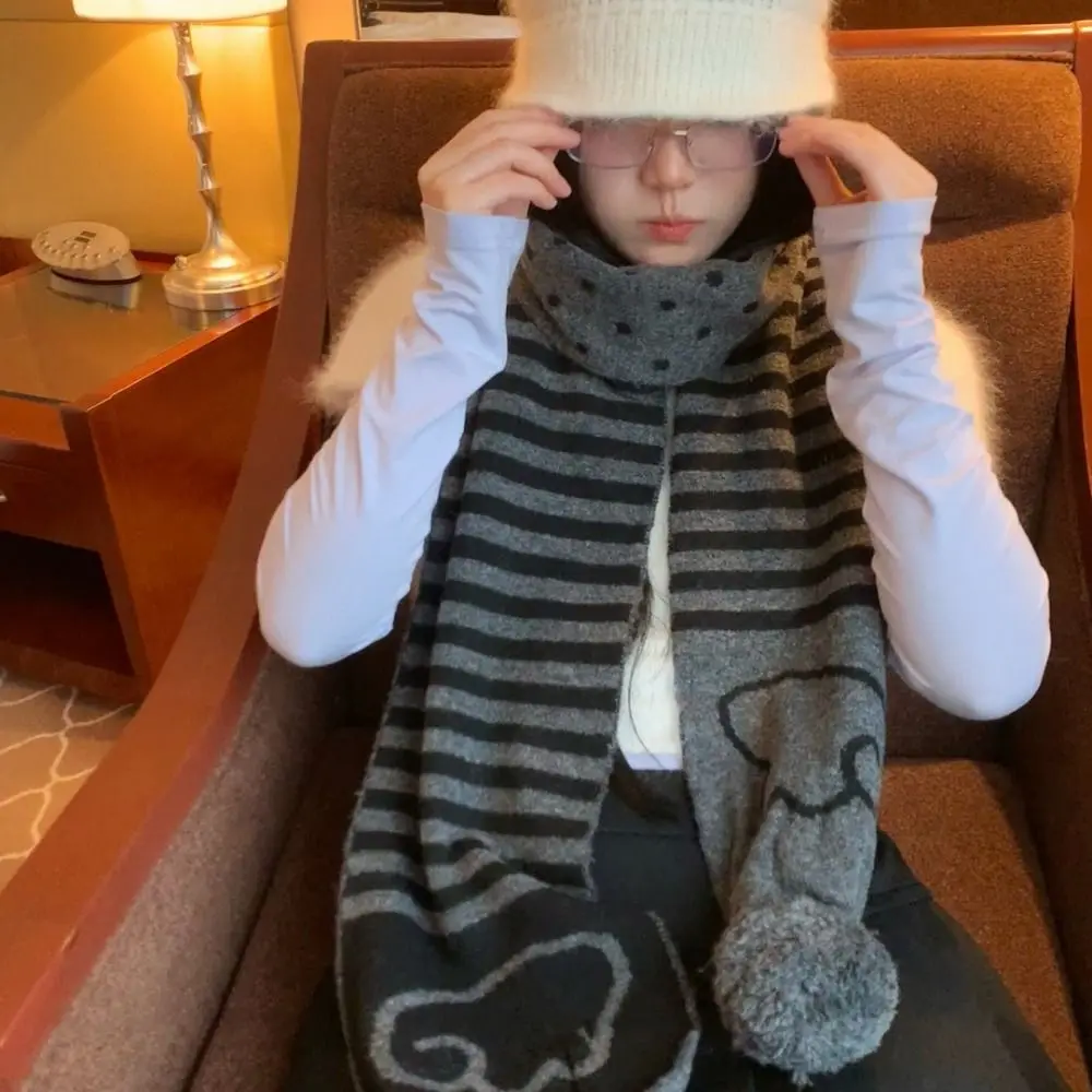 ผ้าพันคอไหมพรมลายทางแฟชั่นฤดูใบไม้ร่วงฤดูหนาว สไตล์เกาหลี Y2K ผ้าพันคอผู้หญิงลายจุด อุ่นคอ ของขวัญ