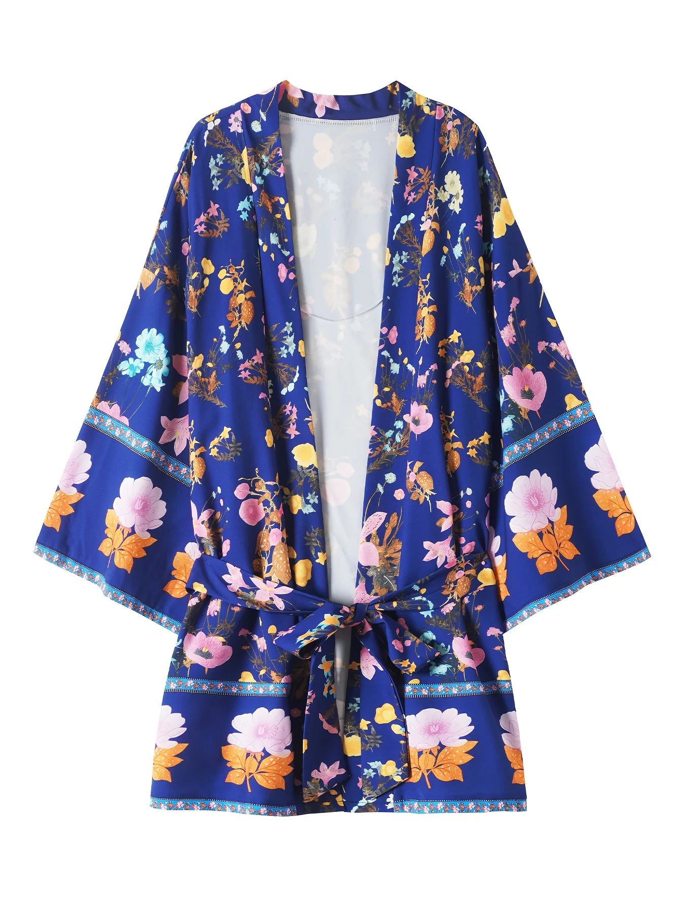 

Bohemian Floral Kimono Cardigan Women's Beach Vacation Style Vintage Floral Pattern Oversized Belted