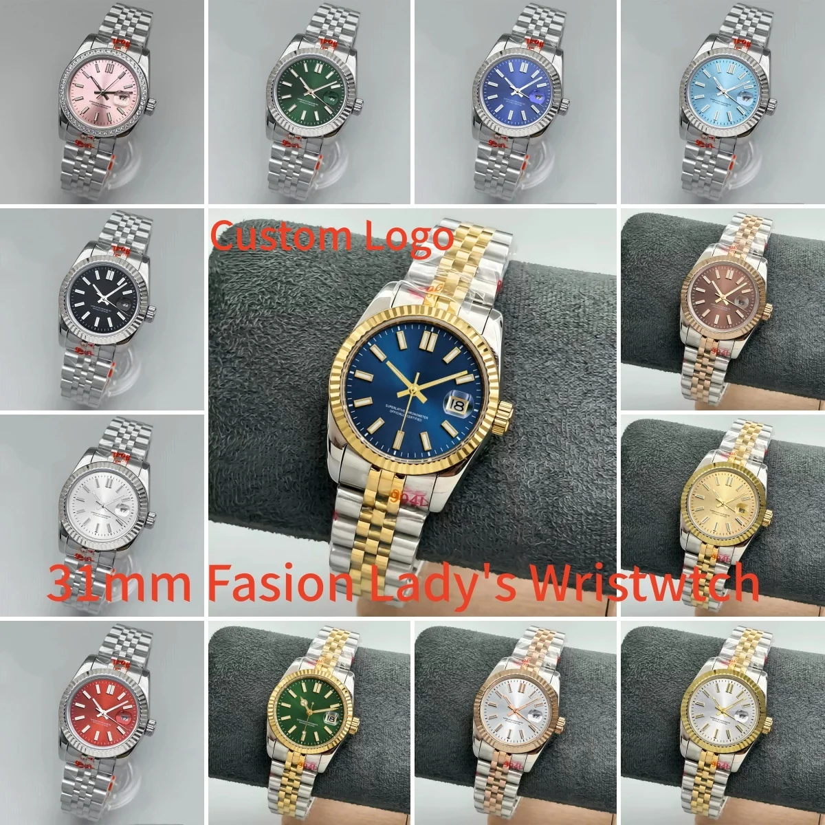 Customize Lady's Watch Fashion 31mm NH05 Mechanical Wristwatch Dog Tooth Bezel Sunburst Dial Stick Number Automatic Diving Watch