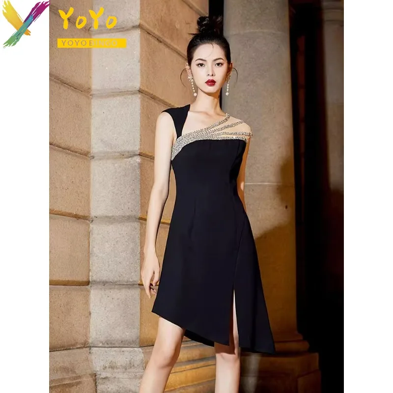 

Black Diamond Sleeveless Vest Stitched Slitsses 2023 Autumn Fashion Elegant Slim Bodycon Nightclub Party Dressess