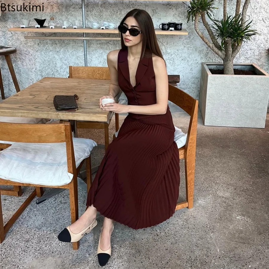 New 2024 Women's Elegant 2PCS Sets Spring Summer Skirts Set Sleeveless Button Tops+ Pleated Maxi Skirts Suits Y2k Casual Outfits
